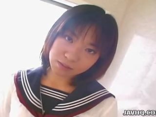 Japanese young lady rino sayaka sucks shaft in the bathroom