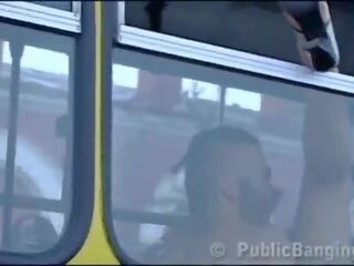 Crazy daring public bus adult video action in front of amazed passengers and strangers by a couple with a cute lassie and a buddy with big peter doing a blowjob and a vaginal intercourse in a local transportation