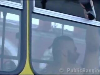Crazy daring public bus sex action in front of amazed passengers and strangers by a couple with a delightful darling and a juvenile with big pecker doing a blowjob and a vaginal intercourse in a local transportation